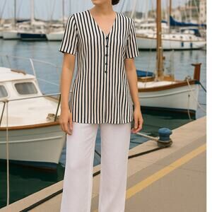 Vintage KC Spencer NY Striped Blouse Sz 6 Short Sleeve Tie Back Side Slit